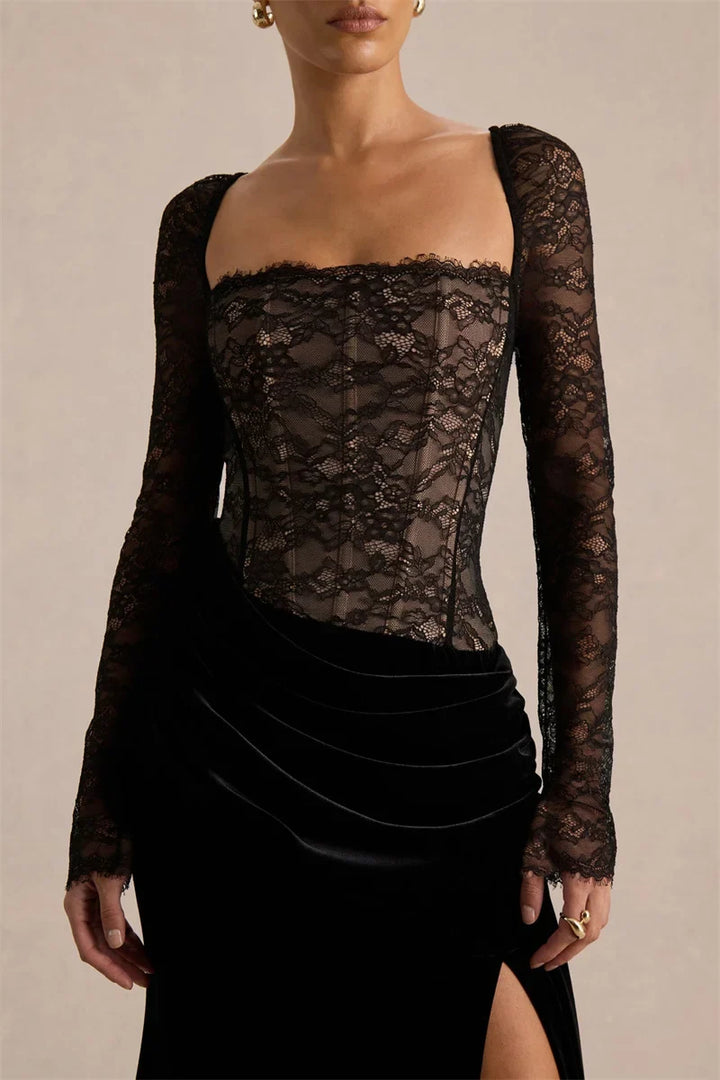 Velvet maxi dress with a lace corset design - CORI