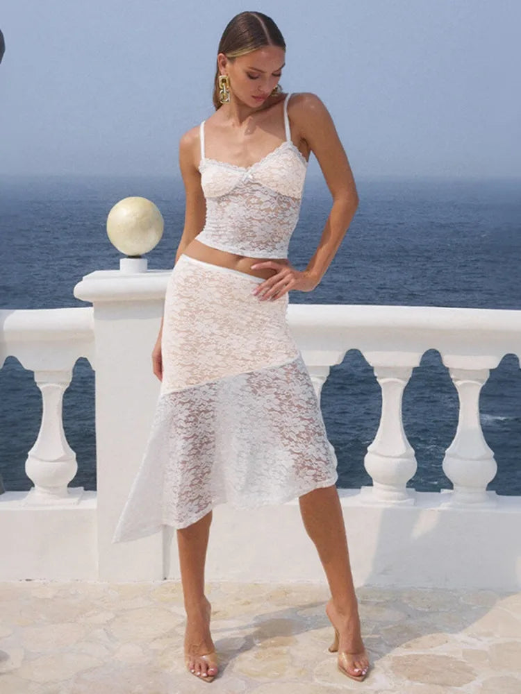 סט תחרה שני חלקים טופ גופיה וחצאית מידי - משי