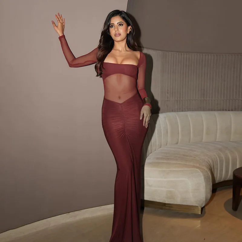 שמלת מקסי בעיצוב כיווצים ורשת - לאורן