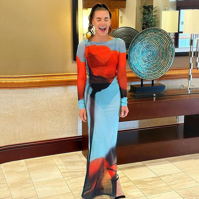 שמלת מקסי חצי שקפה שסע עמוק הדפס פרח - דאליה