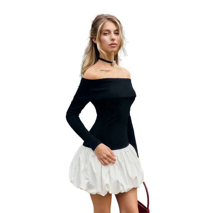 Monochrome off-shoulder balloon mini dress - Lis