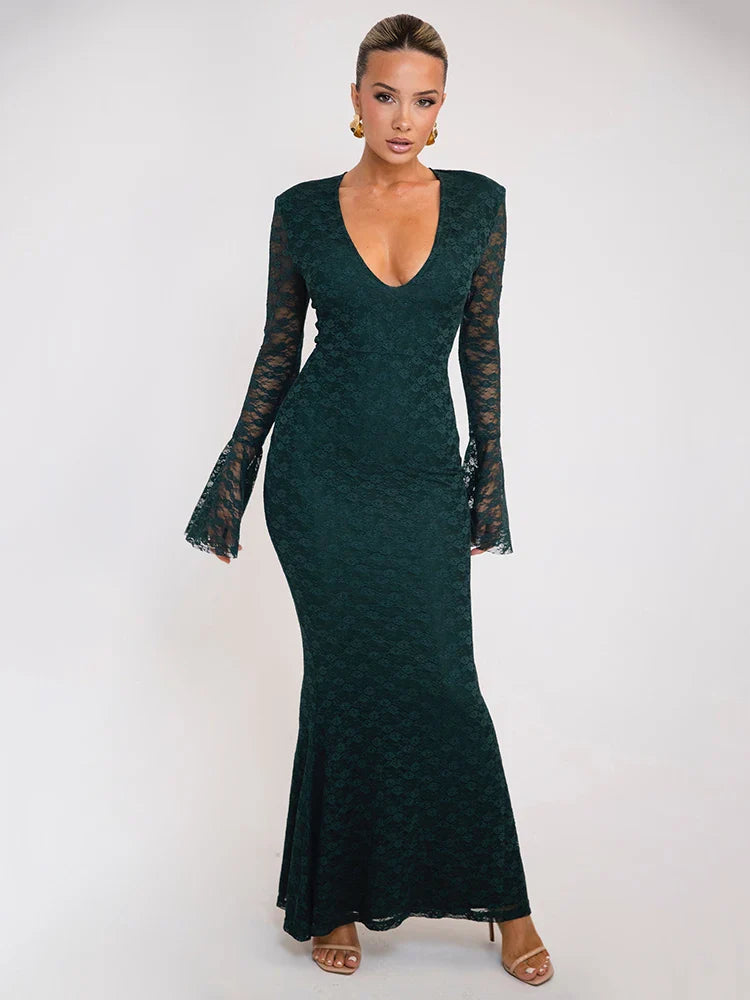 Bell Sleeve Lace Maxi Dress V Neckline - Zohara
