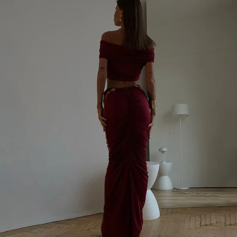 סט בעיצוב כיווצים חצאית מקסי וטופ כתפיים חשופות - מאור