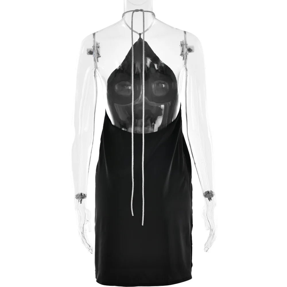 שמלת מיני סאטן בעיצוב חוטי זרקונים מנצנצים לקשירה בצוואר - קולין