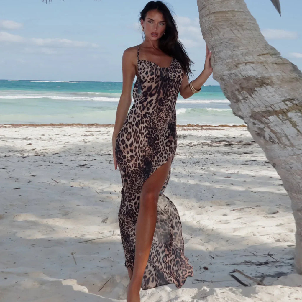 שמלת מקסי מנומרת בעיצוב שסע - סאלי