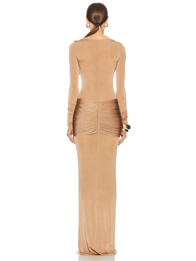 שמלת מקסי צמודה בעיצוב כיווצים בד מבריק - אורי