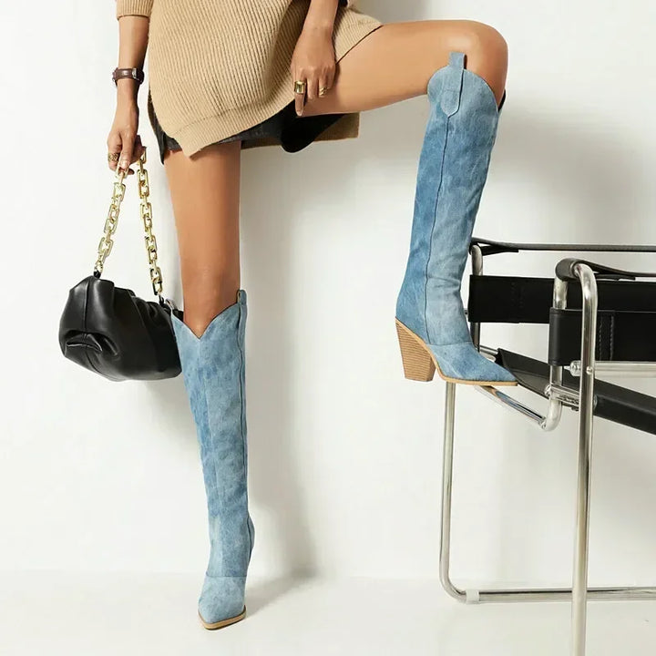 High denim pointed heel boots - Fern