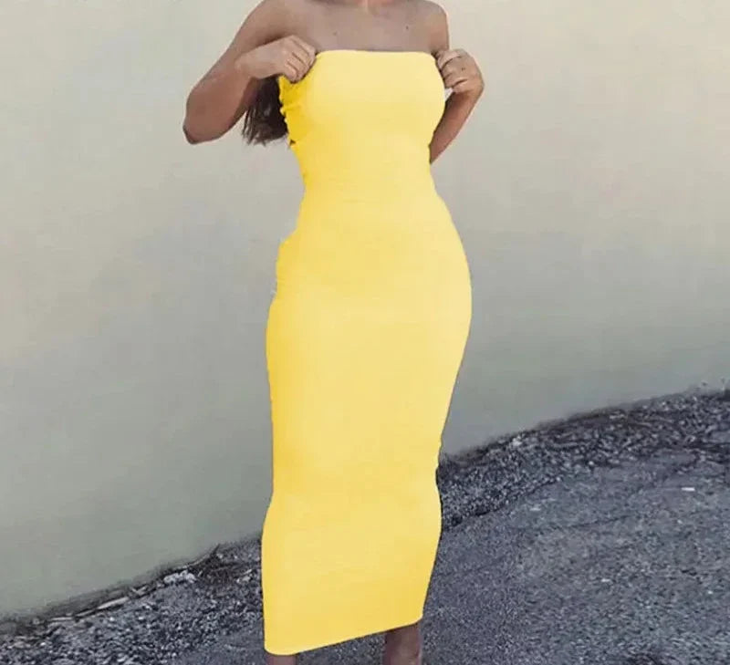 שמלת מידי סטרפלס צמודה בד מחטב - אור לי