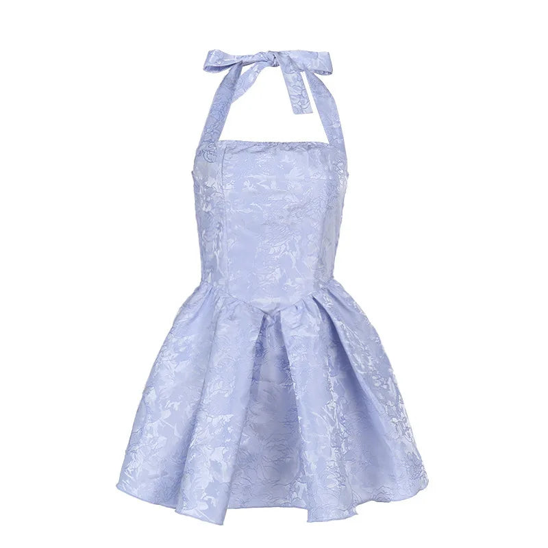 שמלת מיני בגזרת A בעיצוב רקמת איורי פרחים קשירה בצוואר - אל אריה