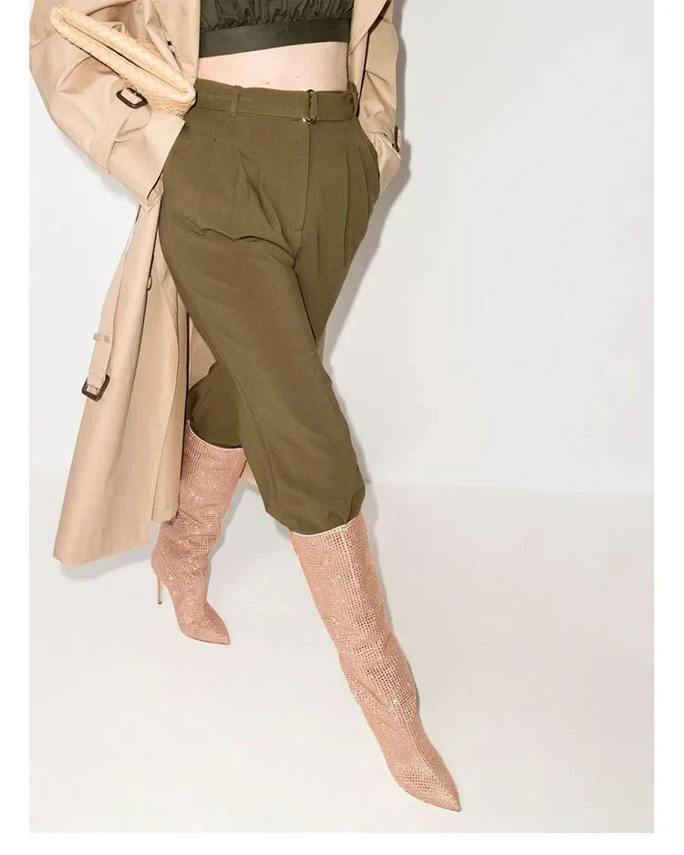 מגפי עקב שפיץ גבוהים בעיצוב זרקונים מנצנצים - Josie