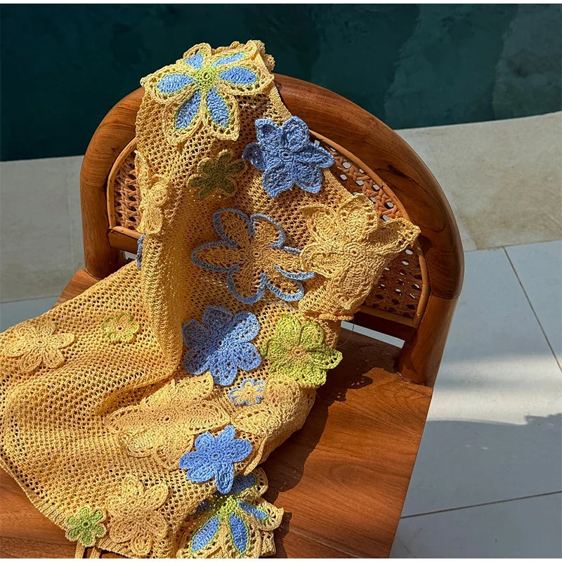 שמלת חוף רשת סרוגה / סט חוף שני חלקים טופ וחצאית מקסי רשת סרוגה בעיטור אפליקציות פרחים - סאנשיין