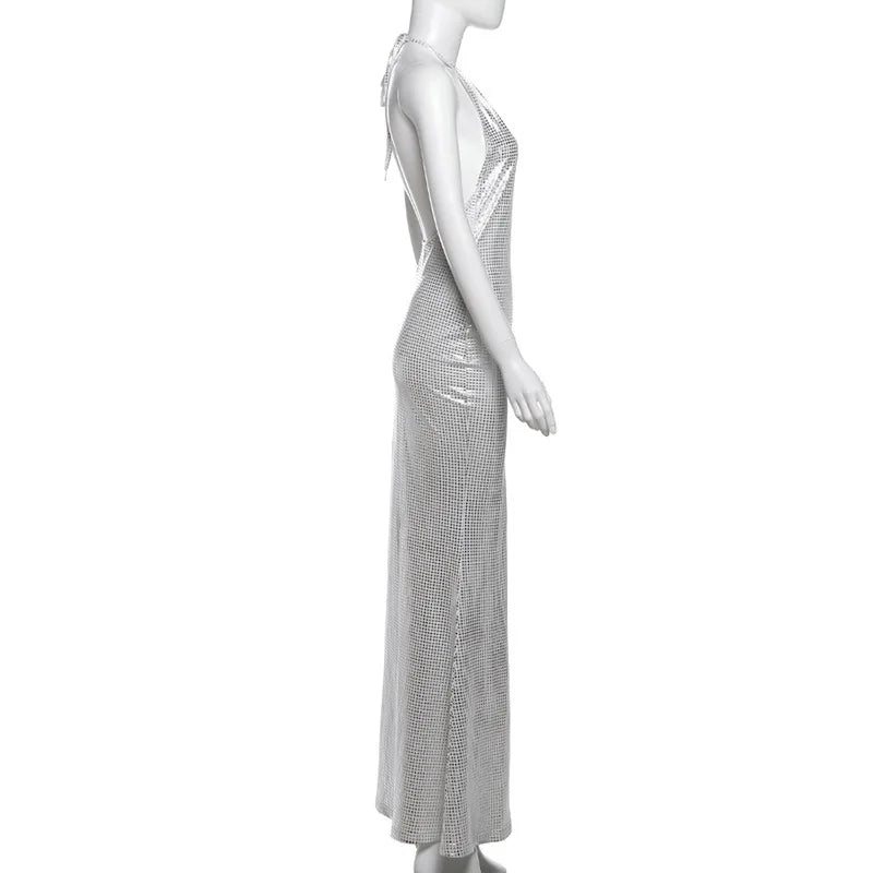 שמלת מקסי קולר גב פתוח בעיצוב רבועים מנצנצים - קייסי