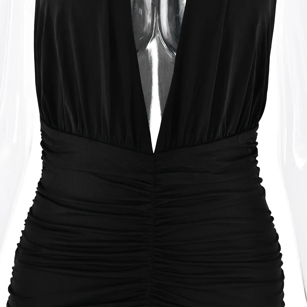 שמלת מקסי כיווצים מחשוף וי עמוק שסע עמוק קשירה בצוואר - דר