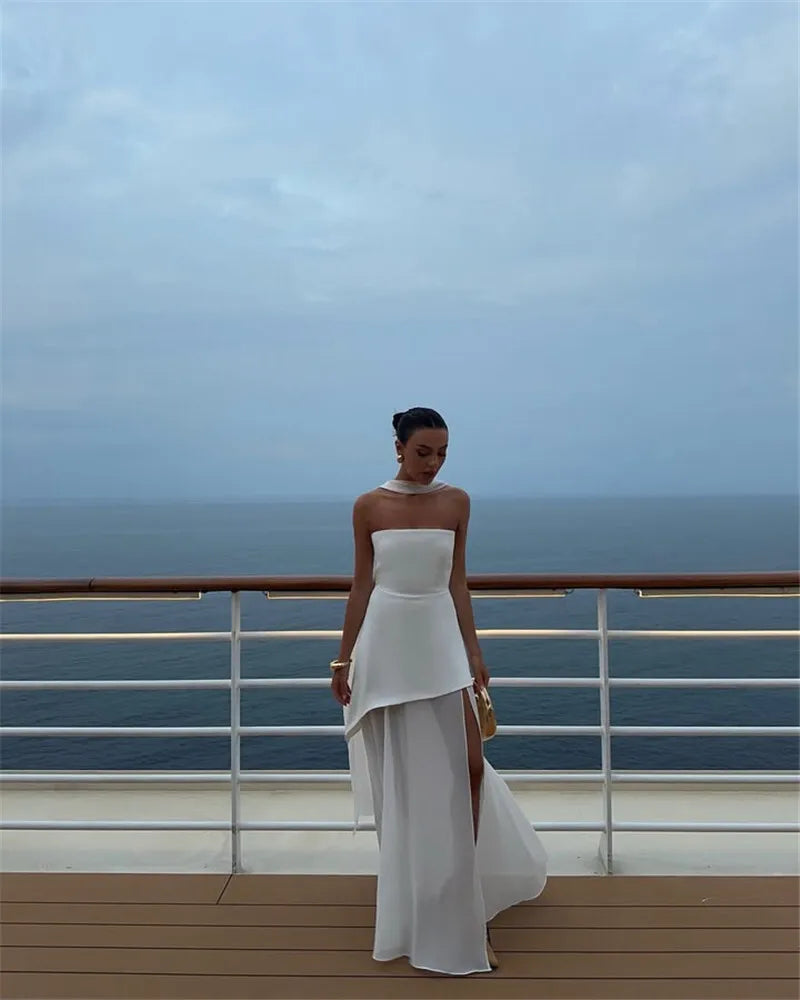 שמלת מקסי סטרפלס חלק תחתון שיפון בעיצוב שסע בעיטור צעיף תואם - Princess