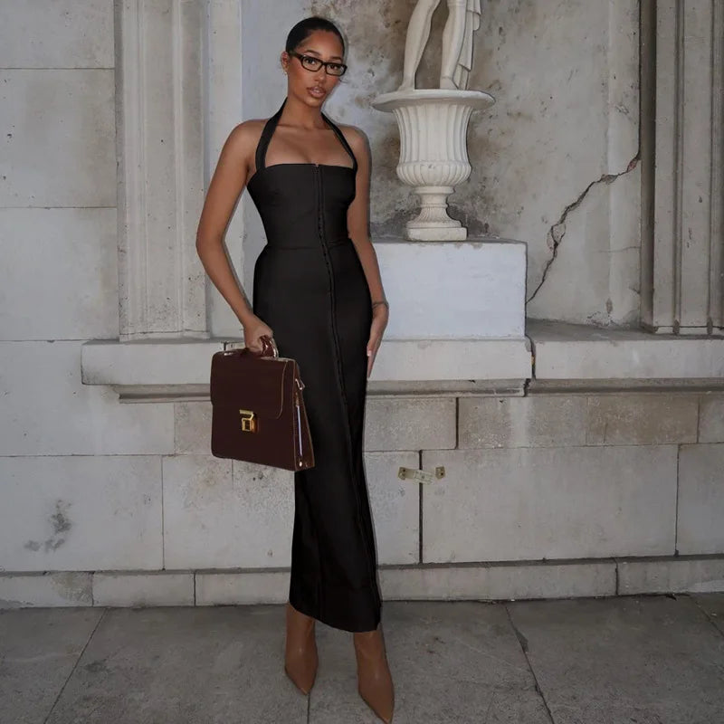 שמלת מקסי צמודה סגירת סיכות גב פתוח - Natasha