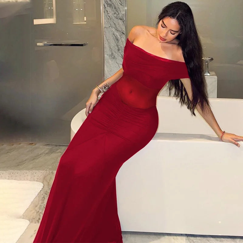 שמלת מקסי כיווצים כתפיים חשופות בעיצוב רשת - רונה