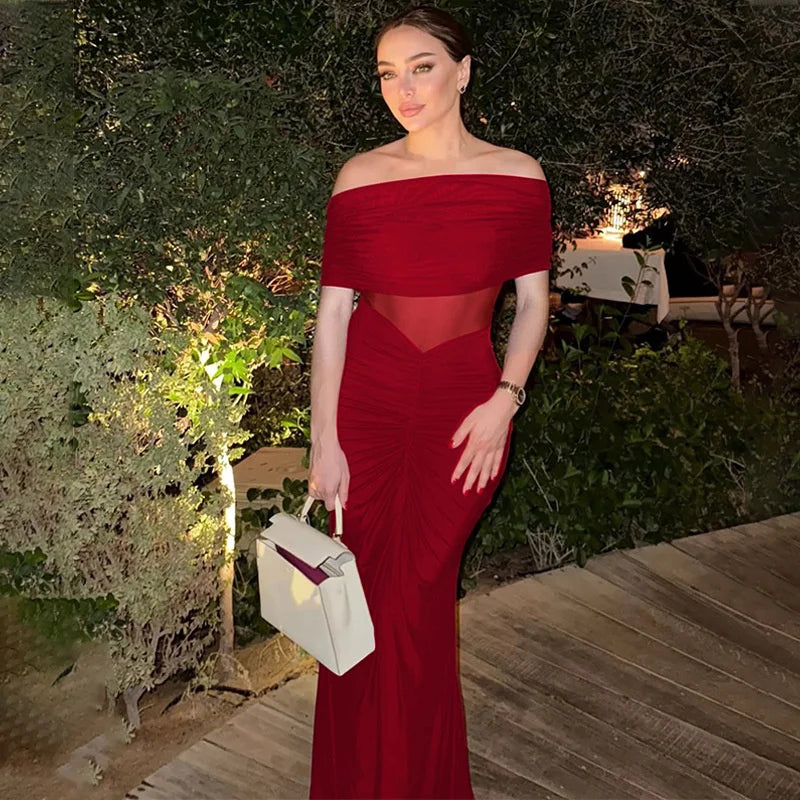 שמלת מקסי כיווצים כתפיים חשופות בעיצוב רשת - רונה