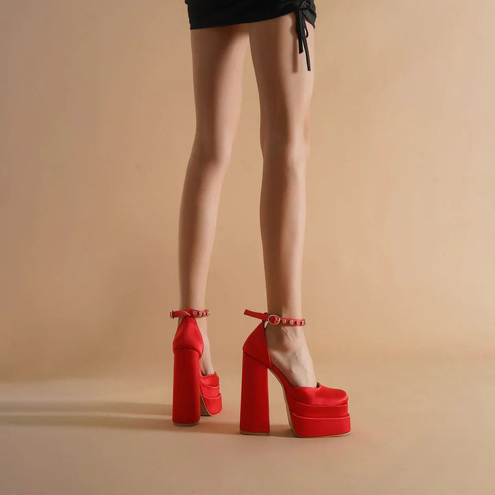 Platform doll shoes in silk satin fabric decorated with diamonds - Melis