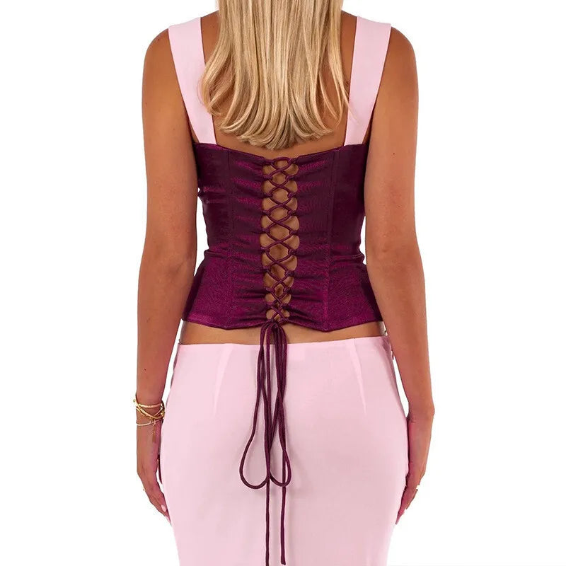 סט שני חלקים חולצה בעיצוב סאטן וחצאית מקסי בעיטור שיפון - מקסימה