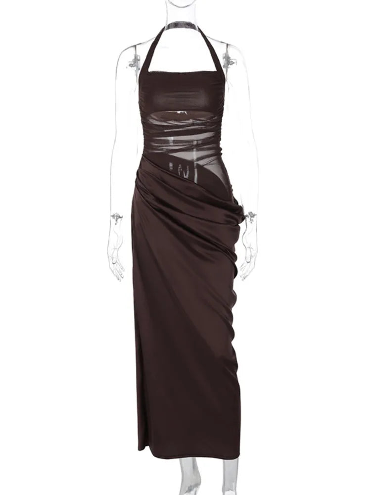 שמלת מקסי סאטן כיווצים בעיצוב רשת בחלק העליון גב פתוח - Arya