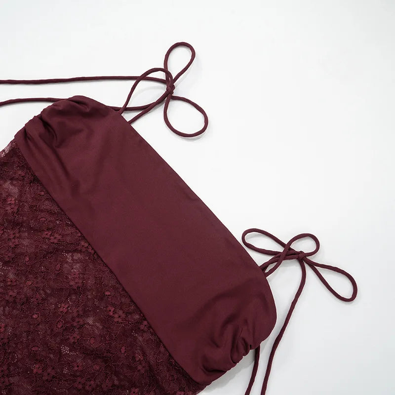 שמלת מקסי אלגנטית בעיצוב תחרה קשירה בכתפיות - Indigo