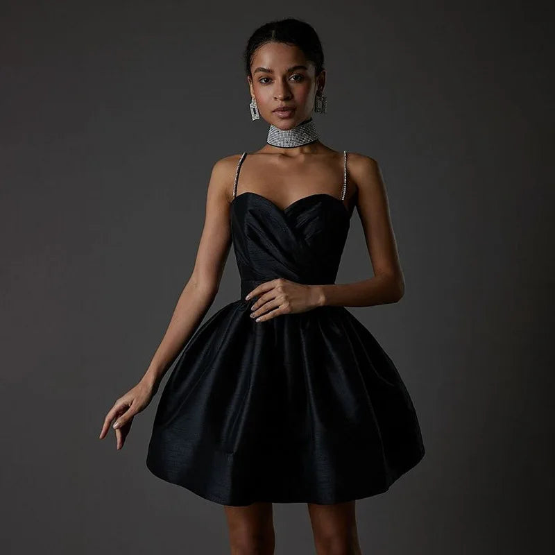 שמלת מיני סאטן בגזרת A כתפיות זרקונים - MIEL