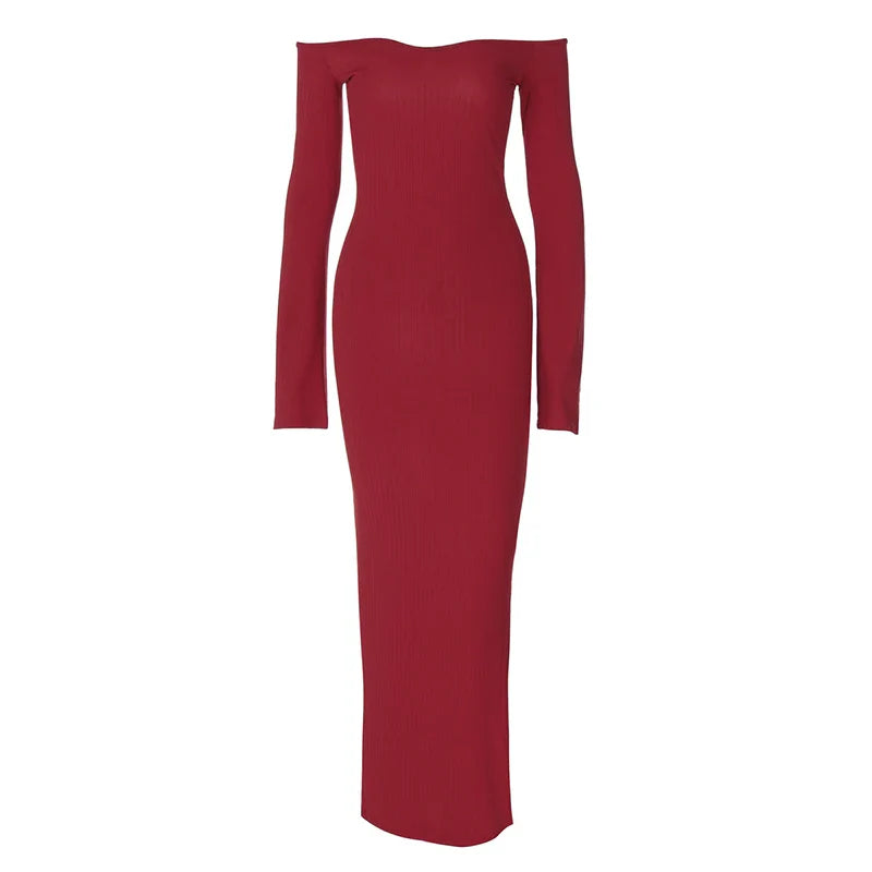 שמלת מקסי סרוגה כתפיים חשופות שרוולי פעמון בעיטור שסע קטן - ניב