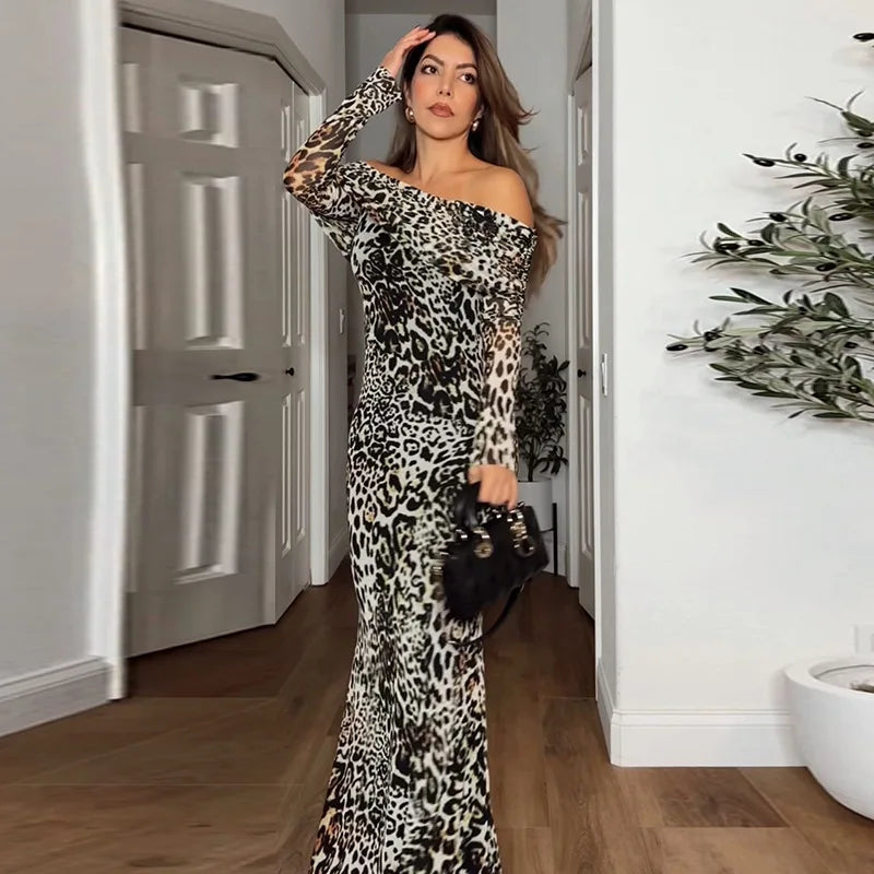 שמלת מקסי מנומרת כתפיים חשופות - ז'ני