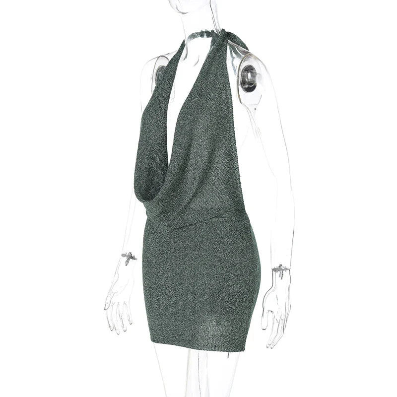 שמלת מיני סרוגה נצנצים צווארון נופל גב פתוח - קסם