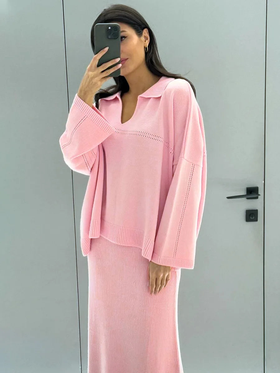 חליפת שני חלקים loose סרוגה חצאית מקסי וחולצה - שילב