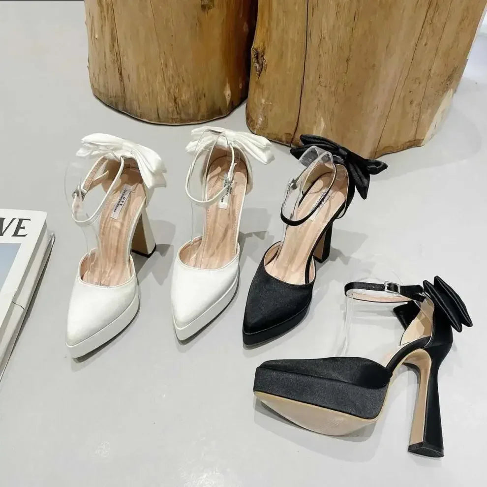 Satin Platform Heel Shoes with Bow Decoration - Doli