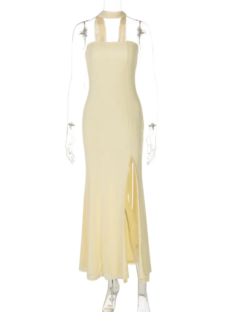 שמלת מקסי סטרפלס אלגנטית בעיצוב שסע בעיטור צעיף תואם - לוס