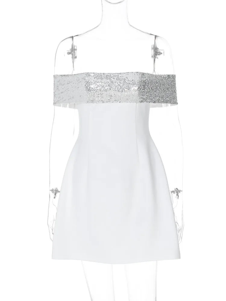 שמלת מיני בגזרת A כתפיים חשופות בעיטור פאייטים - לוריאן