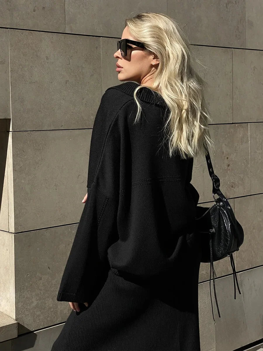 חליפת שני חלקים loose סרוגה חצאית מקסי וחולצה - שילב