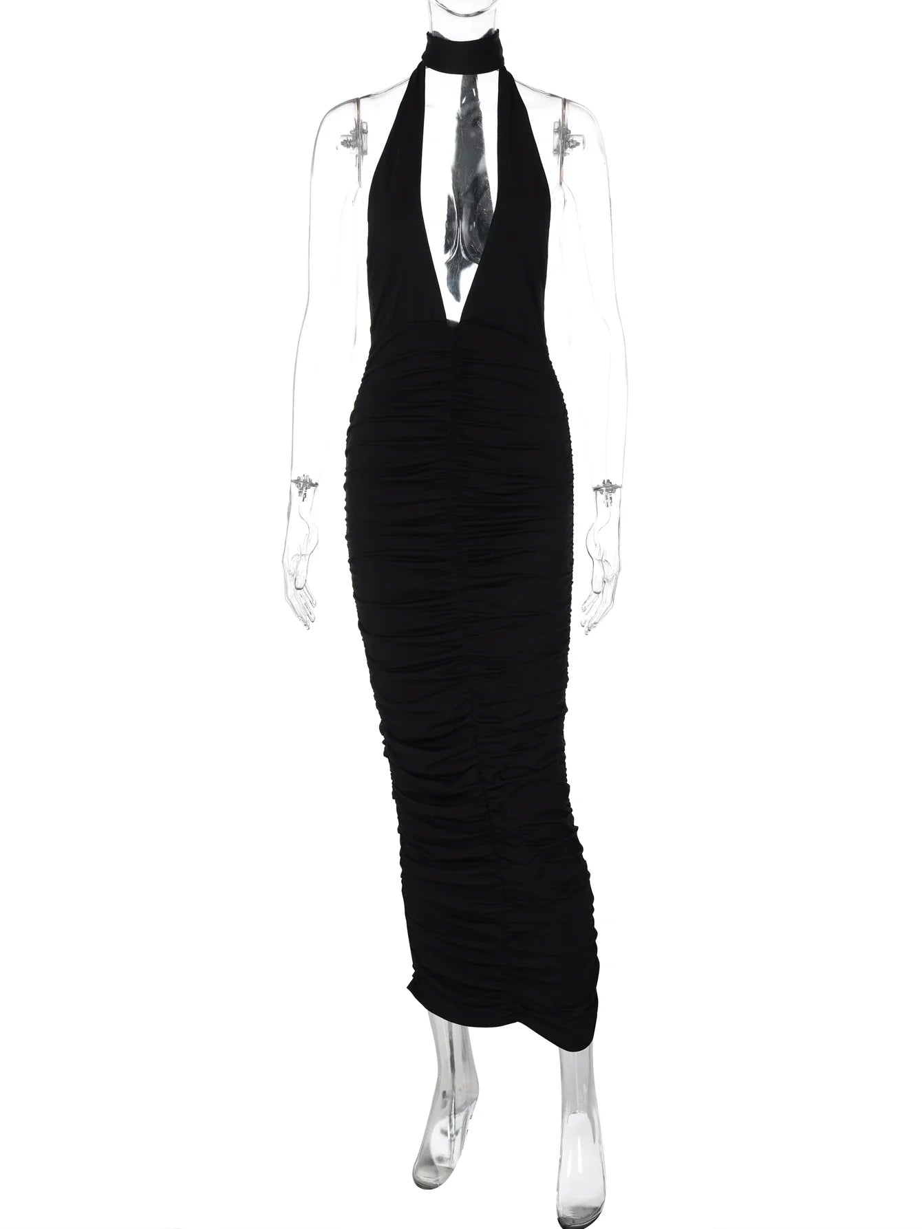 שמלת מקסי קולר כיווצים צמודה צווארון V גב פתוח - Jimena