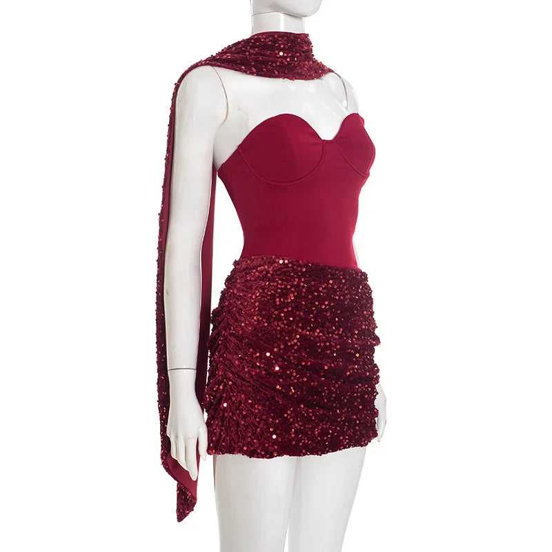 Sequin mini dress with scarf decoration - GIGI