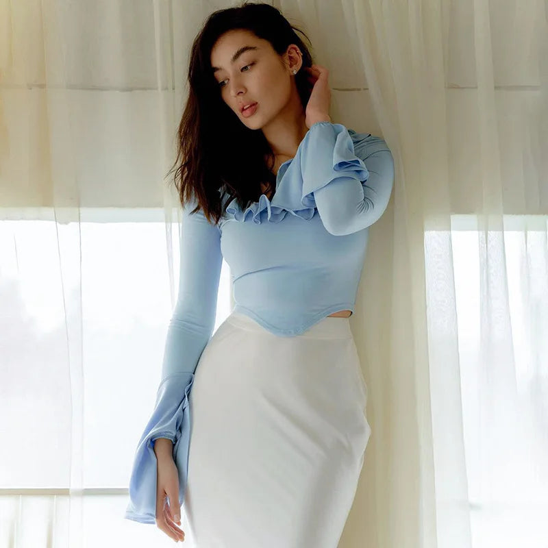 חולצת ראפלס שרוולי פעמון - גלי