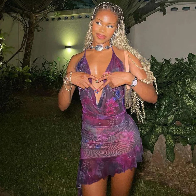 שמלת מיני קייצית בעיצוב צווארון נופל בעיטור מלמלה גב פתוח - Zariah