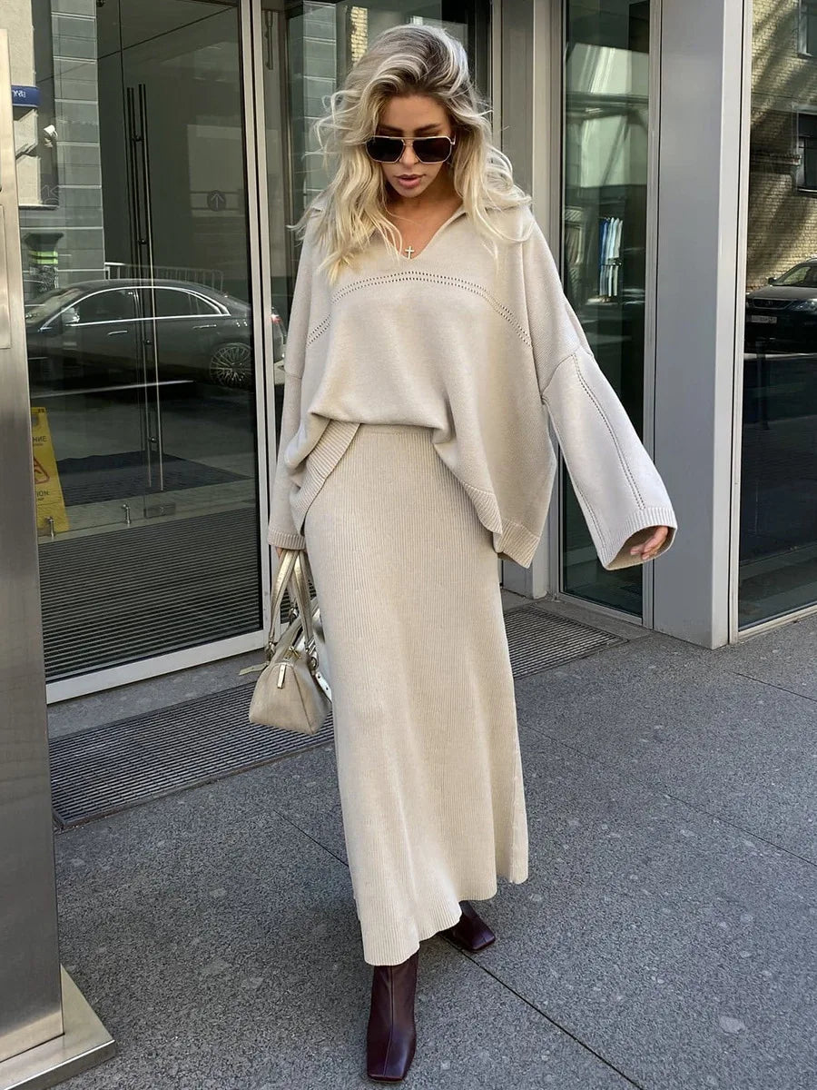 חליפת שני חלקים loose סרוגה חצאית מקסי וחולצה - שילב