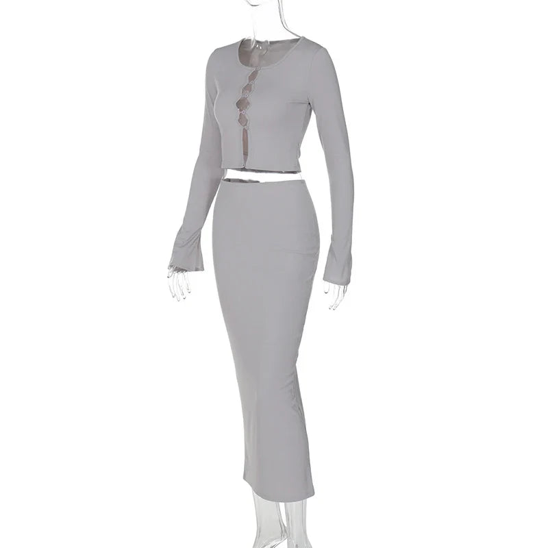 סט סרוג שני חלקים חולצה בסגירת כפתורים וחצאית מקסי צמודה - MARIEL