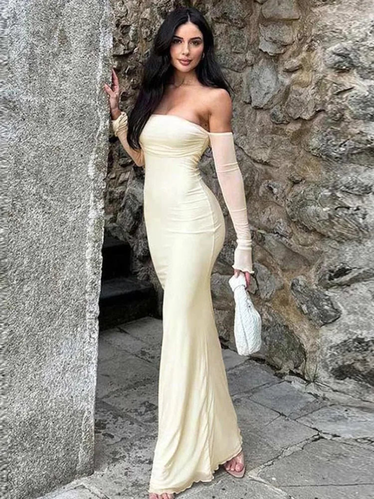 שמלת מקסי כתפיים חשופות שרוולי שיפון פעמון - YANA