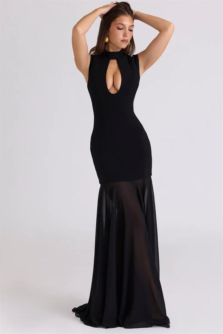 Maxi Dress with Collar and Chiffon Design - DARIA