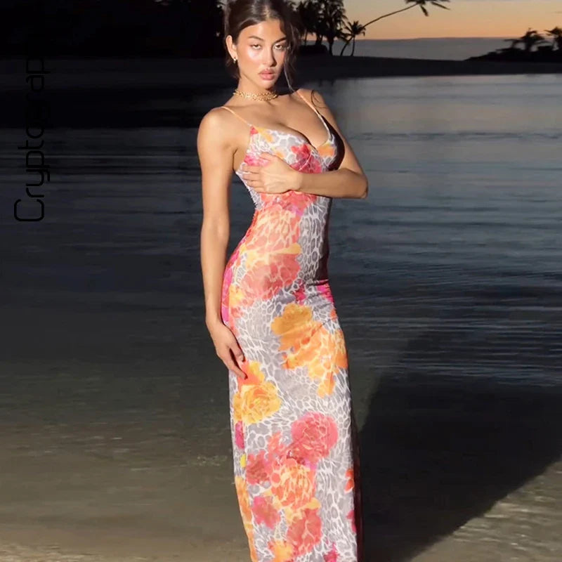 שמלת מקסי הדפס מנומר ופרחים גב פתוח - נוריה