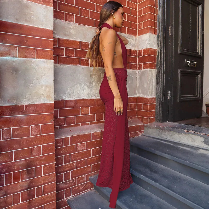 שמלת מקסי כיווצים בעיצוב גב פתוח ומחשוף עמוק בעיטור תחרה ושובל - מריאל