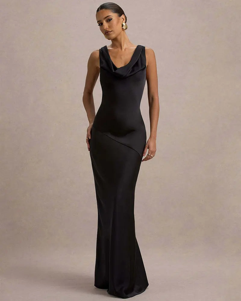 שמלת מקסי סאטן בעיצוב צווארון נופל וגב פתוח - אלקסיס