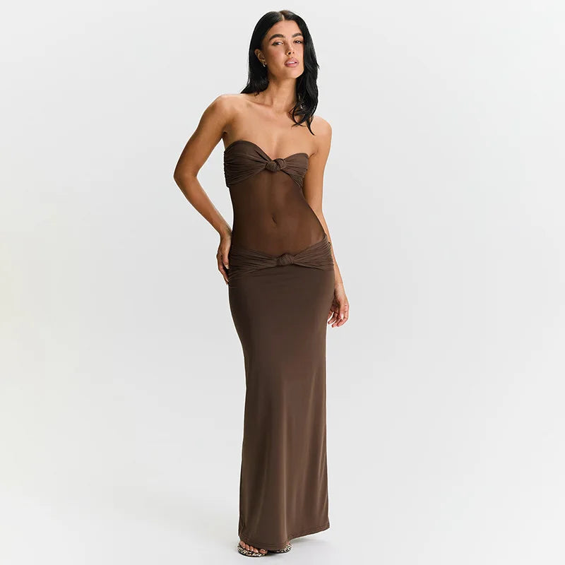 שמלת מקסי כתפיות נשלפות בעיצוב כיווצים ורשת - Blair