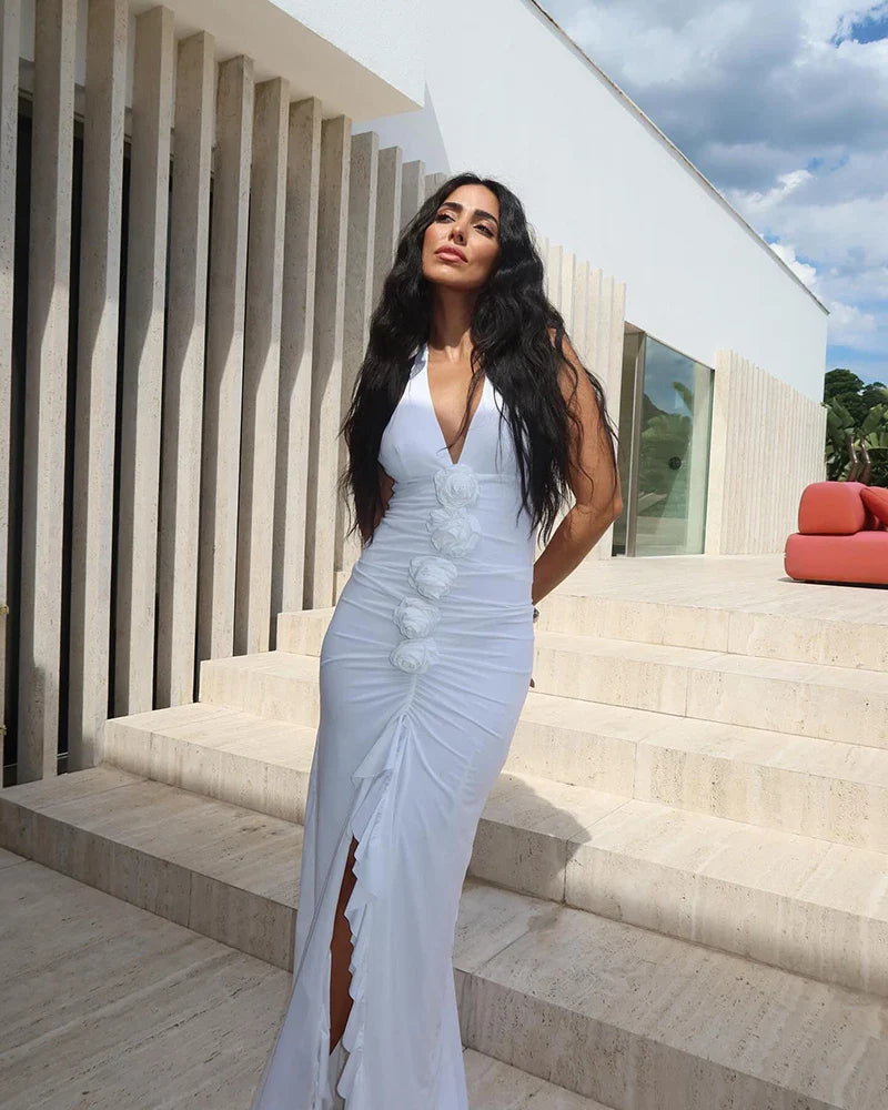 שמלת מקסי כיווצים בעיטור אפליקציות פרחים בעיצוב שסע קדמי - Monroe