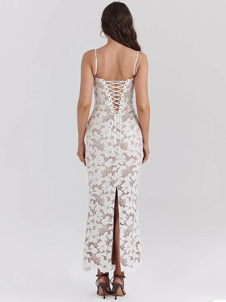 שמלת מקסי תחרה בעיצוב רקמת פרחים קשירות בגב - ורוניקה