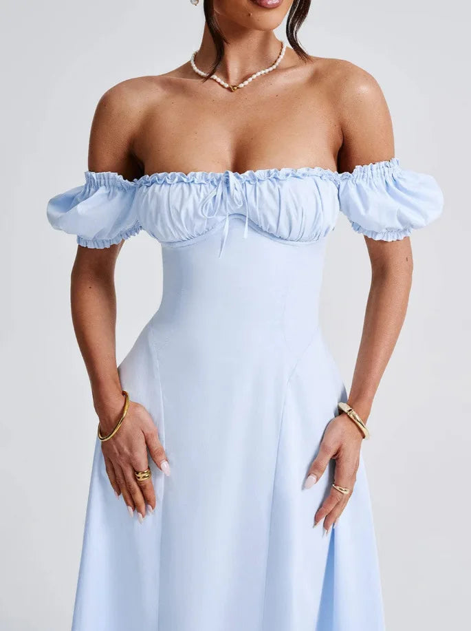 שמלת מקסי בגזרת A בעיצוב כתפיים חשופות שרוולים נפוחים - ג'ינה