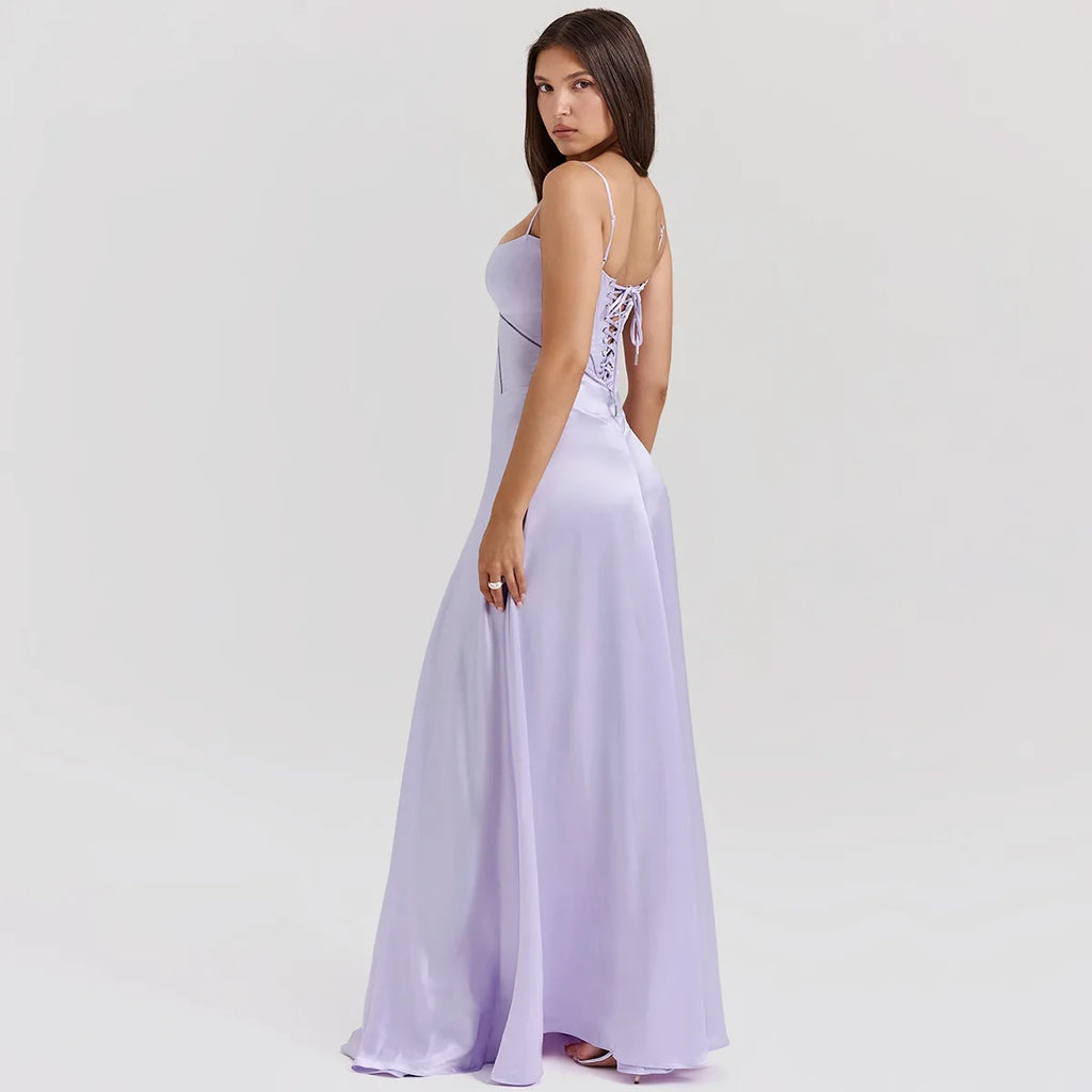 שמלת מקסי סאטן קשירה בגב להצמדה במותן - Lilia